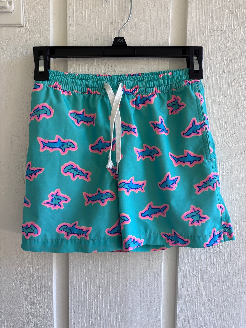 chubbies Kids Teal Swim Trunks with Pink & Blue Shark Print